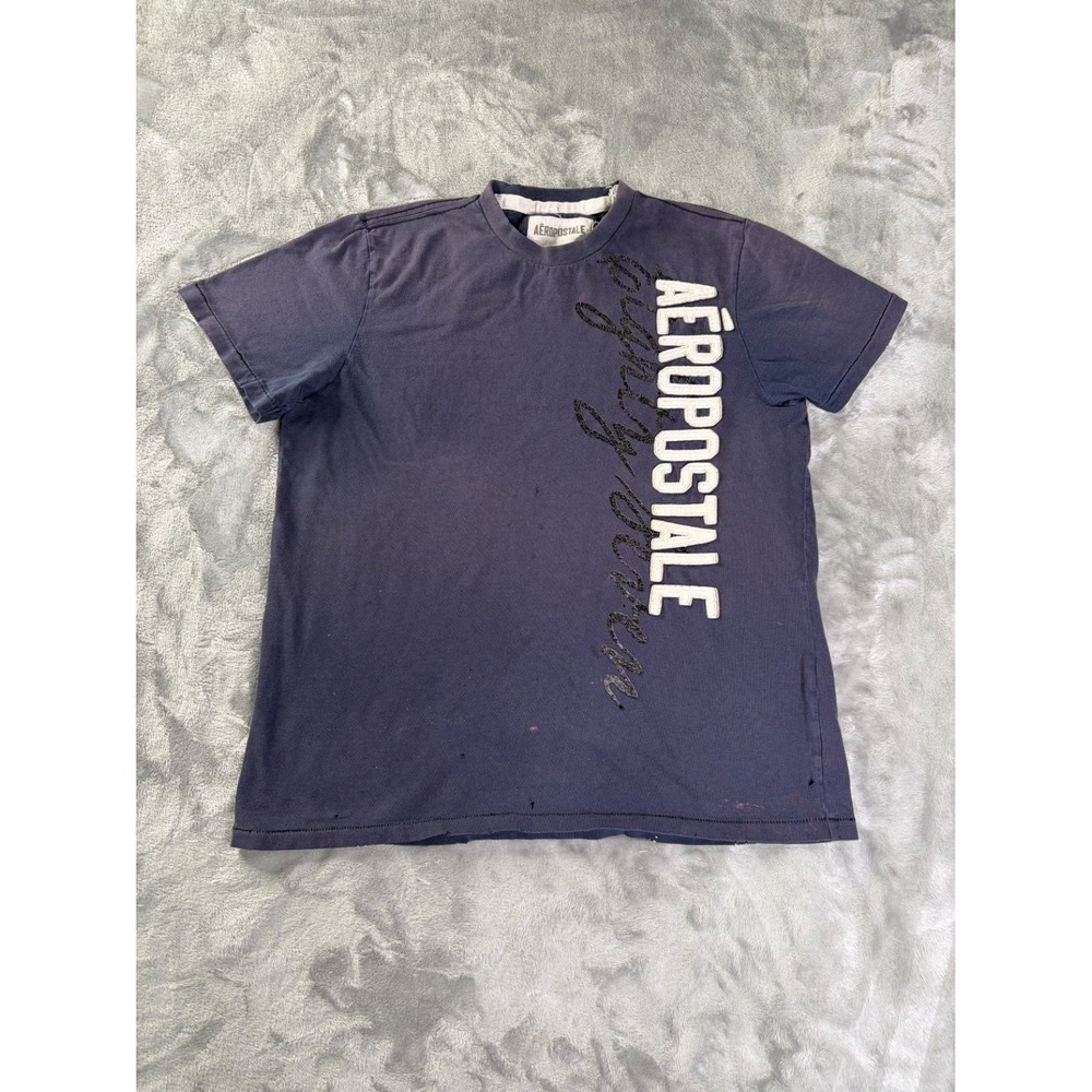 Aeropostale T-Shirt Mens L Blue Crew Neck Short Sleeve Embroidered Appliqué